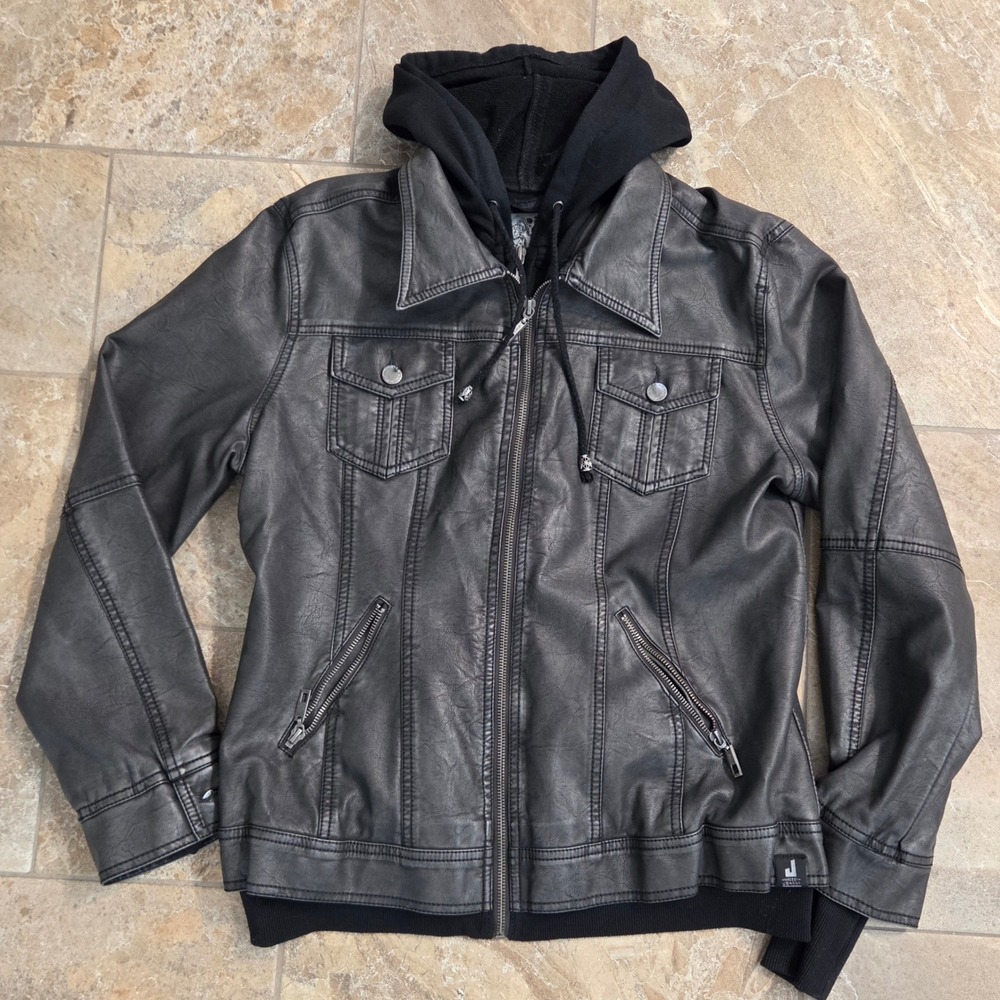 Made by Johnny Faux Leather Hooded Jacket Women‎ XL Black Distressed Biker Coat